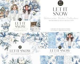 May include: A digital art collection titled "Let It Snow" featuring watercolor clipart, seamless patterns, and floral arrangements. The design includes winter-themed illustrations, two women in winter coats, and the text "Let It Snow".