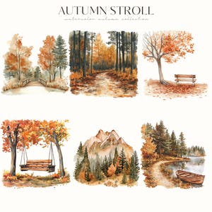 May include: Watercolor autumn collection featuring six scenic landscapes. The scenes include a bridge, a forest path, a tree with a bench, a swing, mountains, and a lake with a boat. The text "AUTUMN STROLL" is at the top.