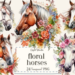 24 Aquarell Blumen Pferd ClipArt, Florales Pferd PNG, Aquarell Pferd Png, Kartengestaltung, Wandkunst, Florales Pferd SVG, digitale PNG