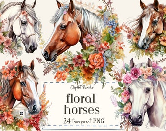 24 Watercolor Floral Horse Clip Art, Floral Horse PNG, Watercolor Horse Png, Card Making, Wall Art, Floral Horse Svg, Digital PNG
