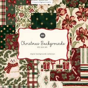 May include: A collection of 100 digital Christmas backgrounds featuring festive patterns including red bows, holly, poinsettias, a snowman, gift boxes, candy canes, and plaid designs. The central label reads 100 Christmas Backgrounds JPG 300 DPI.