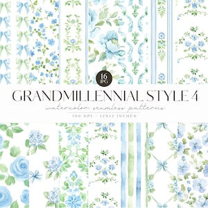 Aquarell Grandmillennial nahtlose Muster, floralen adretten Hintergrund, Vintage, Streifen, Pastell Stoff wiederholendes Muster, digitaler Download