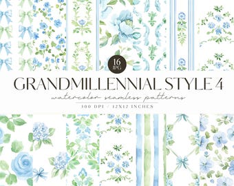 Watercolor Grandmillennial Seamless Patterns, Floral Preppy Background, Vintage, Stripe, Pastel Fabric Repeating Pattern, Digital Download