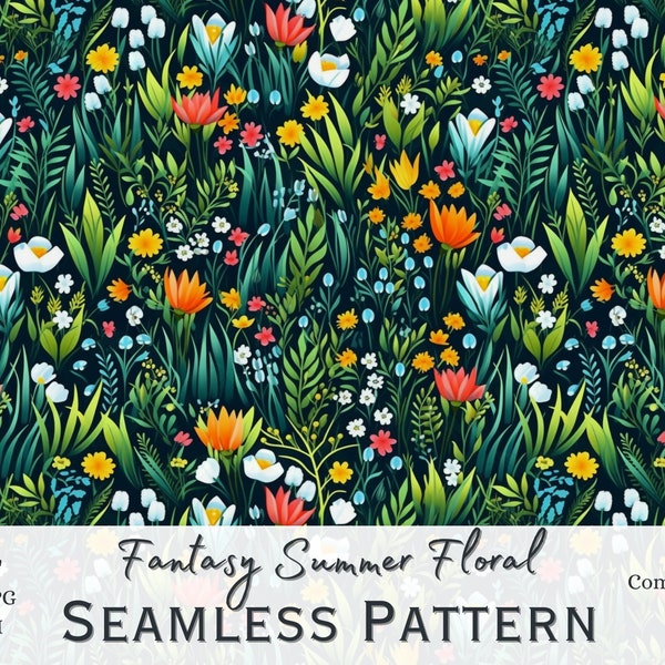 Fantasy Summer Floral Seamless Pattern, Floral Print, Commercial use, Tile Pattern, Floral Digital Paper, Scrapbooking Pattern,Printable Art