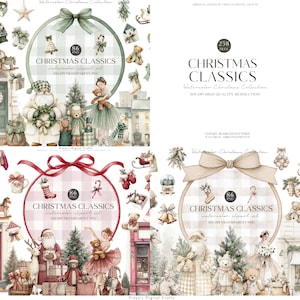 Op de afbeelding: Watercolor Christmas Classics clipart set. De afbeelding toont meerdere illustraties met een kerstthema. De kerstman, teddyberen en een ballerina zijn afgebeeld. De tekst "CHRISTMAS CLASSICS" wordt weergegeven in een cirkel met een strik.