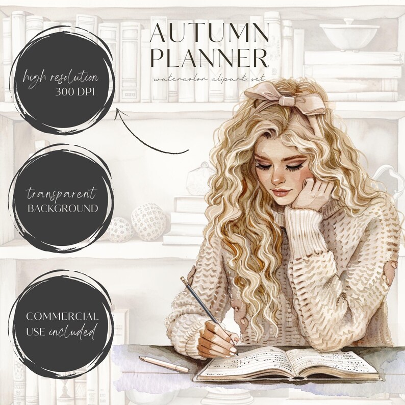 Pu&ograve; includere: Un'illustrazione ad acquerello di una donna con lunghi capelli biondi che indossa un maglione color crema e un fiocco nei capelli. &Egrave; seduta a un tavolo e scrive su un diario con una matita. Il testo "AUTUMN PLANNER watercolor clipart set" &egrave; in alto nell'immagine.