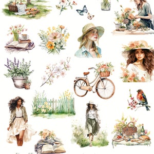 Watercolor Spring ClipArt- Happy Spring-Floral Clipart-Junk Journal-Scrapbook-Watercolor Garden-Cozy Spring-Digital Stickers-Commercial Use image 4