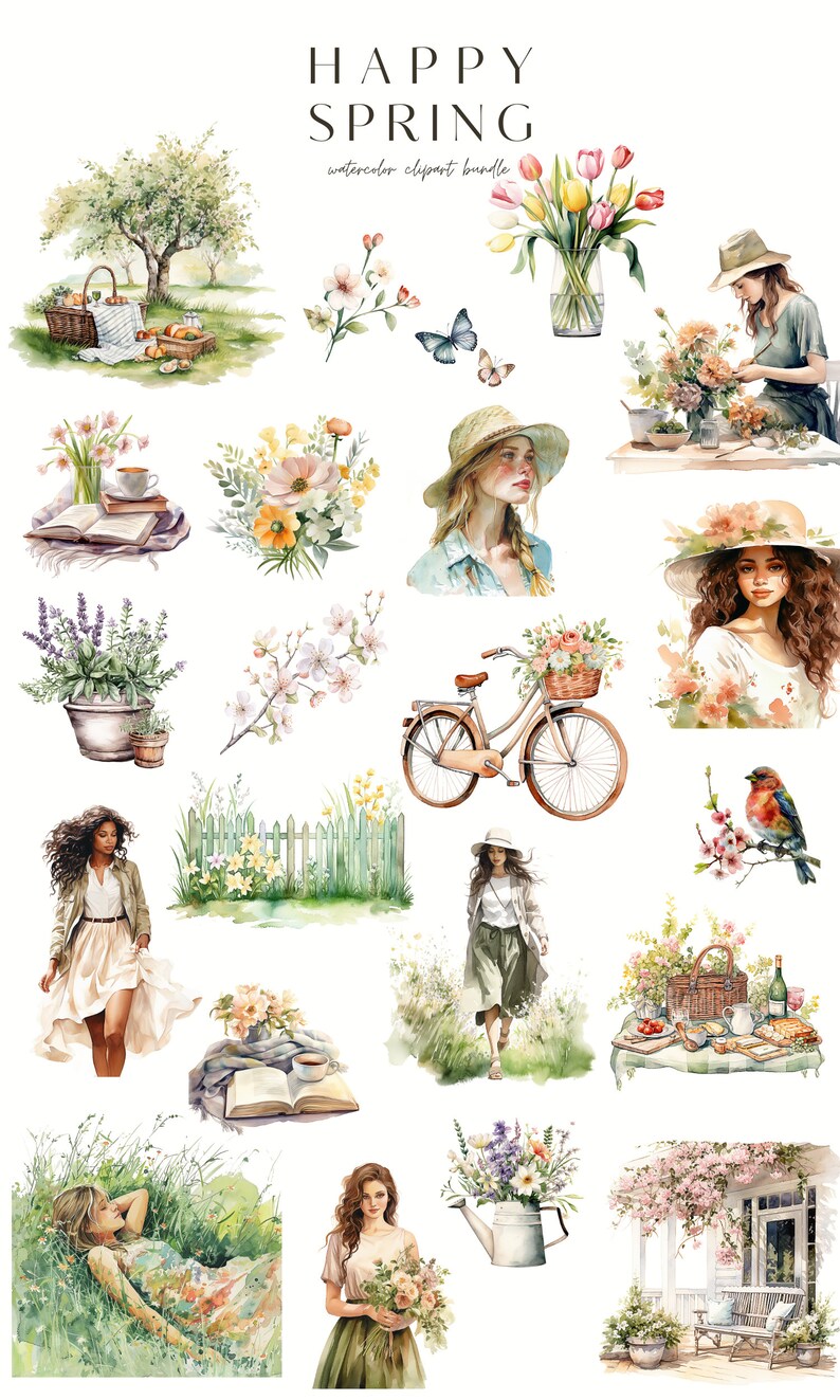 Watercolor Spring ClipArt- Happy Spring-Floral Clipart-Junk Journal-Scrapbook-Watercolor Garden-Cozy Spring-Digital Stickers-Commercial Use image 4