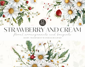 Sommer Blumen Clipart, Aquarell Erdbeeren Thema, Gänseblümchen, Cottagecore, gemütliche Sommerzeit, digitale Aufkleber, Scrapbook, kommerzielle