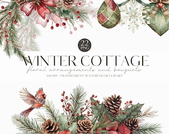 May include: A watercolour illustration of winter-themed floral arrangements and bouquets. The image includes pine cones, red poinsettias, holly, and plaid ribbons. Decorative ornaments and a cardinal are also present. The text reads "Winter Cottage".