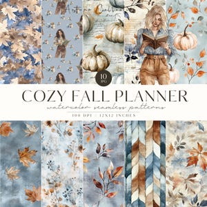 Aquarel gezellige herfst naadloze patronen, Bluey Fall JPG, herhalend patroon, scrapbooking, bladeren, boeken, pompoen, blauw, commerciële licentie