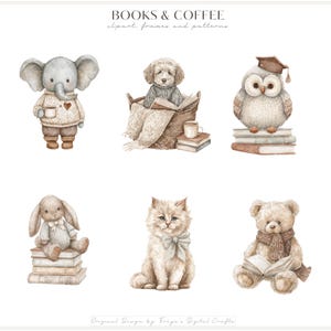 K&ouml;nnte beinhalten: Eine Sammlung von sechs Aquarellillustrationen mit dem Titel BOOKS & COFFEE, darunter ein grauer Elefant im Pullover, ein Hund im Korb mit Buch, eine Eule mit Doktorhut auf B&uuml;chern, ein Hase auf B&uuml;chern, eine flauschige Katze mit Schleife und ein Teddy.