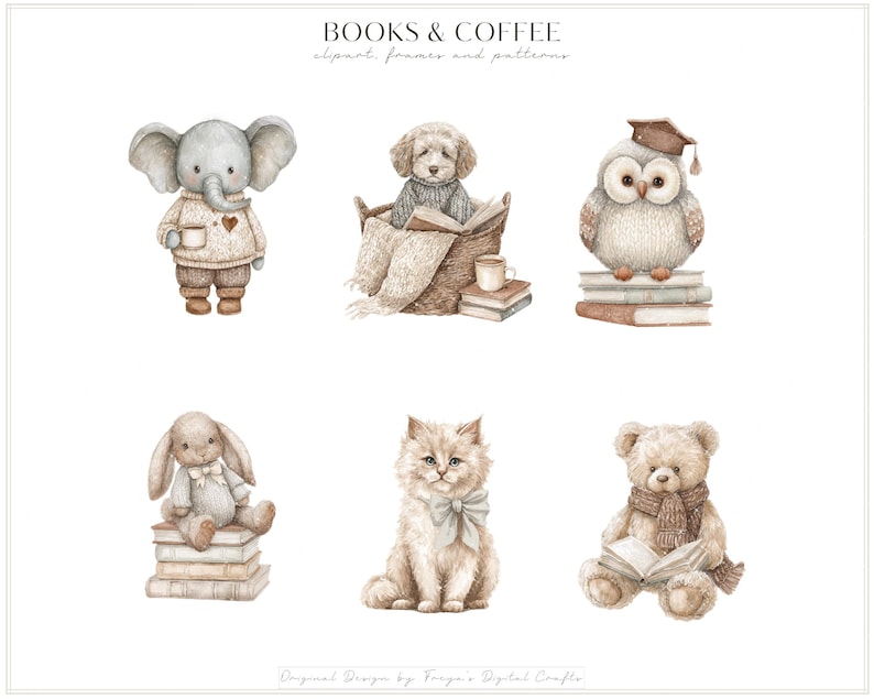 K&ouml;nnte beinhalten: Eine Sammlung von sechs Aquarellillustrationen mit dem Titel BOOKS & COFFEE, darunter ein grauer Elefant im Pullover, ein Hund im Korb mit Buch, eine Eule mit Doktorhut auf B&uuml;chern, ein Hase auf B&uuml;chern, eine flauschige Katze mit Schleife und ein Teddy.