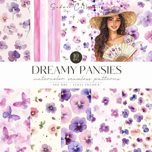 Può includere: Una collezione di arte digitale con motivi acquerellati senza cuciture di viole del pensiero sognanti nei toni del viola, rosa e bianco. L'immagine include una donna con un cappello e un ventaglio, e il testo "Dreamy Pansies" e "Summer Collection".