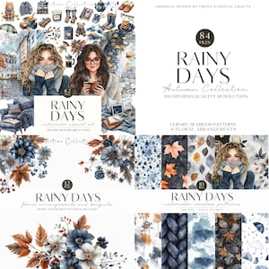 May include: A digital art collection titled "Rainy Days Autumn Collection" featuring watercolor clipart, seamless patterns, and floral arrangements. The image includes illustrations of women, flowers, and autumn-themed objects. The collection includes 84 files with 300 DPI high-quality resolution.