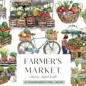 Images clipart du marché fermier - marché de l'aquarelle - mode de vie sain - végétarien-junk journal-scrapbook-aquarelle marché--autocollants numériques-usage commercial