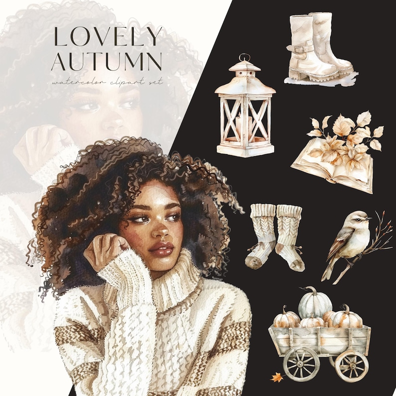 Puede incluir: Conjunto de im&aacute;genes predise&ntilde;adas de acuarela con el texto "LOVELY AUTUMN". La imagen presenta a una mujer con un su&eacute;ter color crema, junto con ilustraciones de botas, una linterna, un libro, calcetines, un p&aacute;jaro y un carro lleno de calabazas. El tema es el oto&ntilde;o.