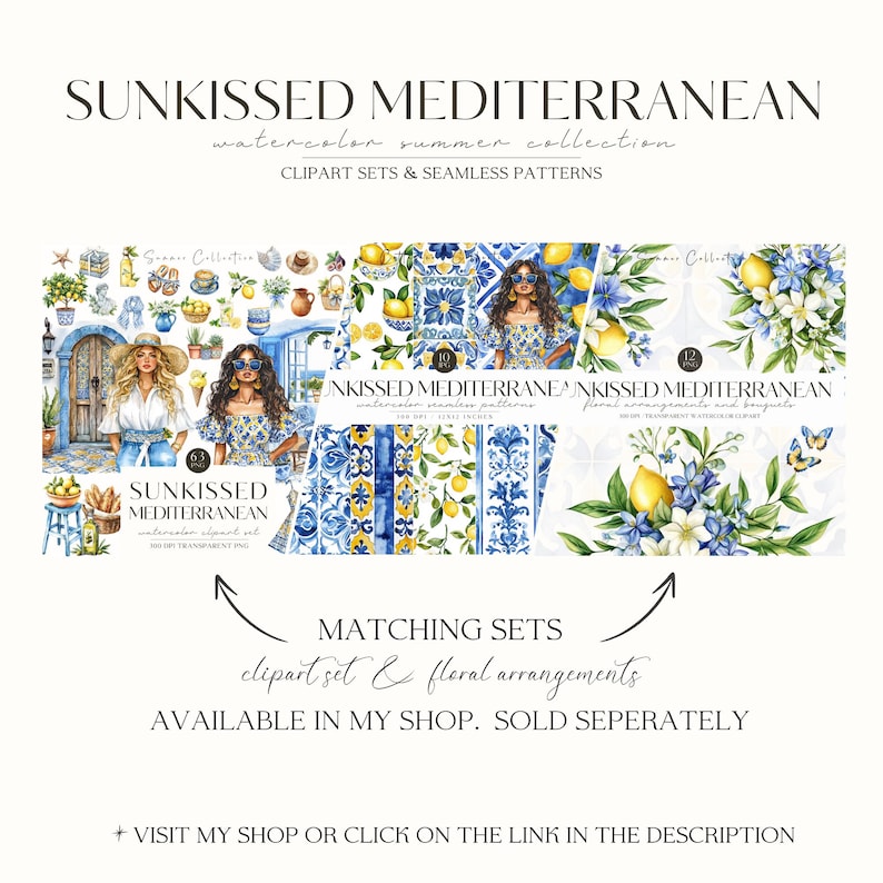 May include: A digital art collection titled "Sunkissed Mediterranean" featuring watercolor clipart sets and seamless patterns. The image showcases illustrations of women, lemons, and floral arrangements in blue and yellow hues. Text includes "Matching Sets" and "Available in my shop."
