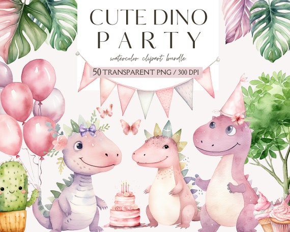Watercolor Cute Dino Clipart Bundle, Cute Dinosaur Nursery, Cute Kids Party, Dino Baby Girl Birthday, Balloons, Babyshower, Instant Download