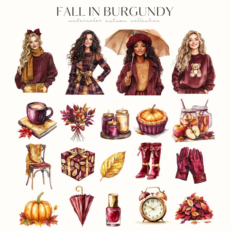 May include: A watercolour illustration titled "FALL IN BURGUNDY" featuring autumn-themed elements. The image includes women, a coffee cup, pie, candles, boots, and other items in burgundy and gold tones, evoking a seasonal atmosphere.