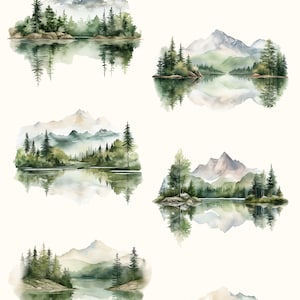 Puede incluir: Cinco ilustraciones de acuarela de paisajes de monta&ntilde;a con reflejos en el agua. Cada escena presenta un lago, monta&ntilde;as y &aacute;rboles. Las ilustraciones est&aacute;n en tonos de verde, azul y marr&oacute;n.