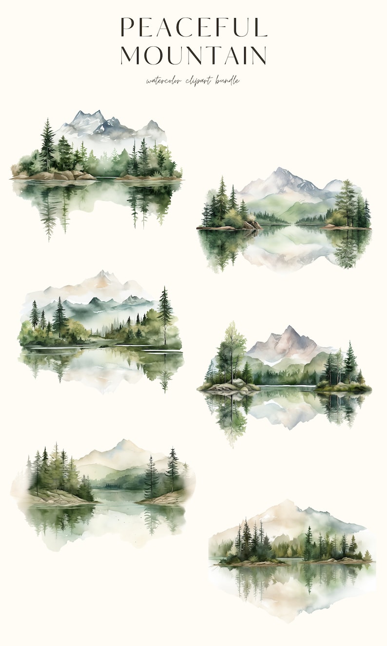 Puede incluir: Cinco ilustraciones de acuarela de paisajes de monta&ntilde;a con reflejos en el agua. Cada escena presenta un lago, monta&ntilde;as y &aacute;rboles. Las ilustraciones est&aacute;n en tonos de verde, azul y marr&oacute;n.