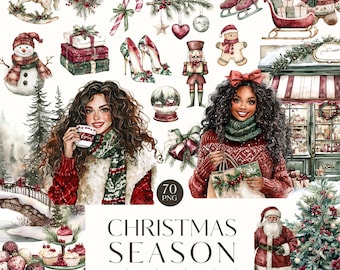 May include: A watercolor clipart set featuring a variety of winter and Christmas themed illustrations. The set includes a snowman, a gingerbread man, a nutcracker, a Christmas tree, a Santa Claus, a woman with a cup of coffee, a woman with a shopping bag, a rocking horse, a candy cane, a pair of ice skates, a snow globe, a wreath, a storefront, and cupcakes.