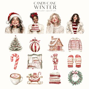 Cozy Winter Candy Cane Clipart, Watercolor Neutral Christmas Graphics, Cute Christmas Png Bundle, Cottagecore, Digital Stickers, Commercial image 4