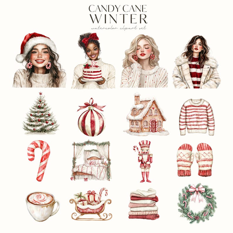 Cozy Winter Candy Cane Clipart, Watercolor Neutral Christmas Graphics, Cute Christmas Png Bundle, Cottagecore, Digital Stickers, Commercial image 4