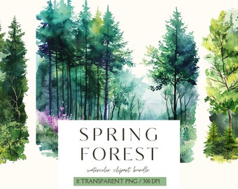 Watercolor Spring Forest Clipart-Spring Woodland Clipart-Forest Landscape-Tree-Pine-Summer-Spring Feeling-Commercial Use-Instant Download