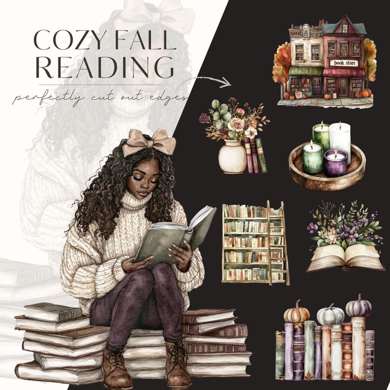 Op de afbeelding: Een vrouw met bruin haar en een bruine strik zit op een stapel boeken en leest een boek. De afbeelding bevat andere herfstthema-illustraties, zoals een boekwinkel, kaarsen en een boekenkast.