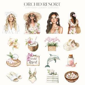 May include: Watercolor illustrations of a tropical resort with a spa theme. The illustrations include a woman in a white robe, a woman in a floral dress, a woman in a swimsuit, a coconut with a straw, a spa treatment with orchids, a sign that says "Orchid Resort", a dolphin, a jar of bath salts, and a bowl of water with orchids.