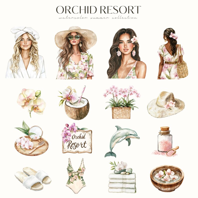 May include: Watercolor illustrations of a tropical resort with a spa theme. The illustrations include a woman in a white robe, a woman in a floral dress, a woman in a swimsuit, a coconut with a straw, a spa treatment with orchids, a sign that says "Orchid Resort", a dolphin, a jar of bath salts, and a bowl of water with orchids.