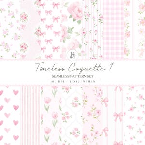 Puede incluir: Un conjunto de 14 patrones sin costuras en rosa y blanco. Los diseños incluyen arreglos florales, lazos, corazones, rayas y cuadros. Se muestra el texto "Timeless Coquette 1" y "Seamless Pattern Set". Cada patrón mide 30,48 x 30,48 cm.