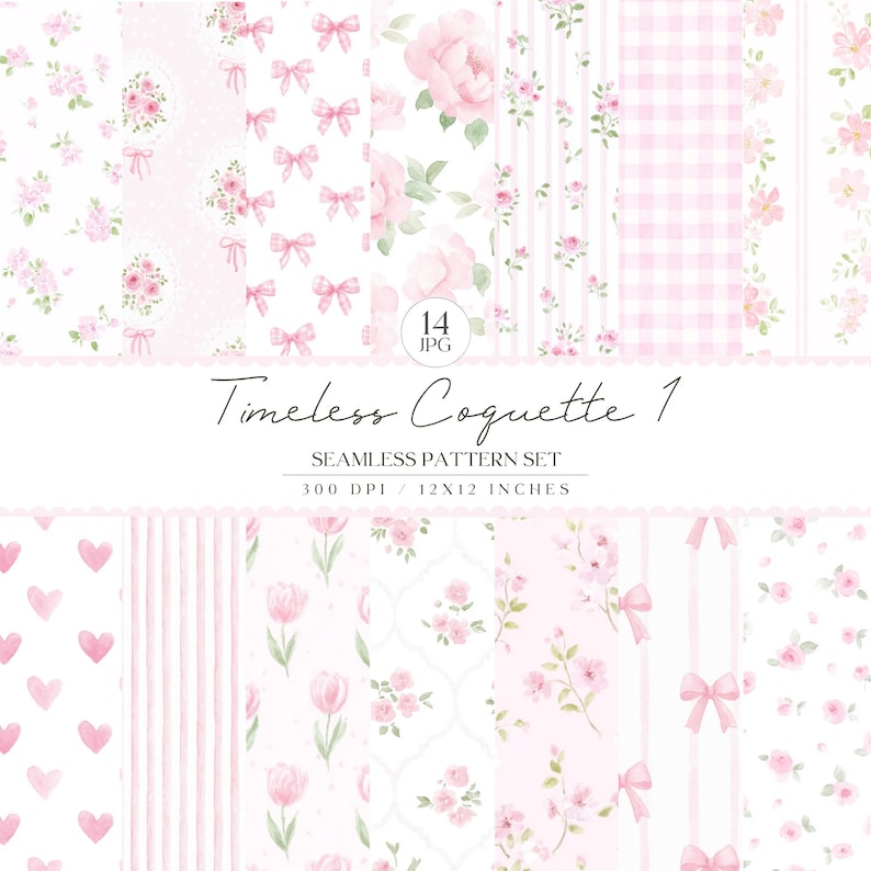Coquette Seamless Patterns, Grandmillennial Background, Pink Watercolor ...