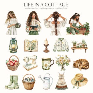 May include: Watercolor illustration titled "LIFE IN A COTTAGE" featuring various cottagecore elements. Includes images of women, a lantern, a book, a candle, a sweater, a basket of apples, a sewing machine, a mug, a bouquet, a cat, boots, a basket of thread, a watering can, a dress, and a hat.