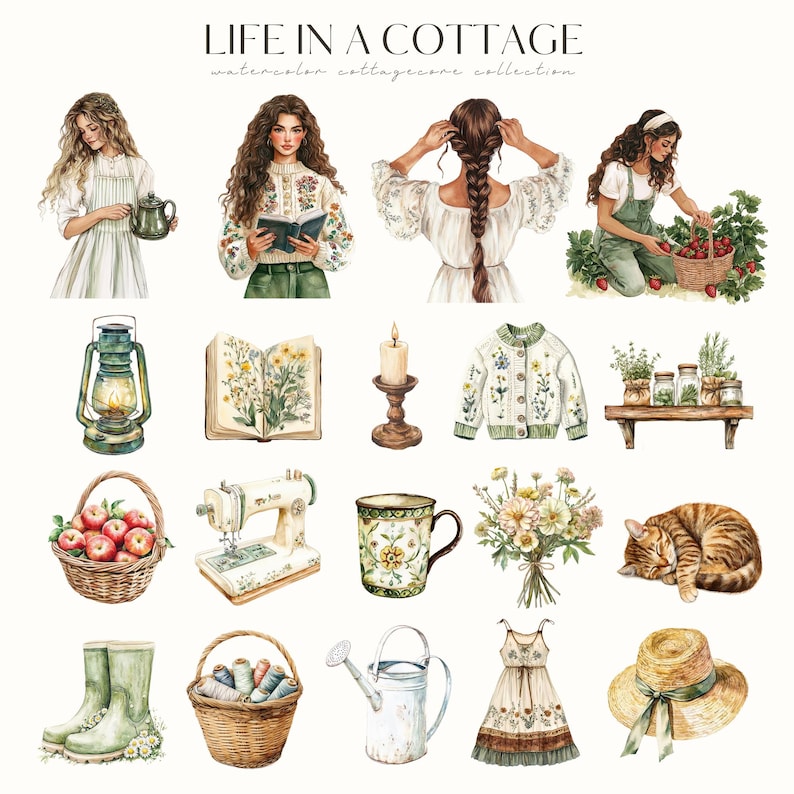 May include: Watercolor illustration titled "LIFE IN A COTTAGE" featuring various cottagecore elements. Includes images of women, a lantern, a book, a candle, a sweater, a basket of apples, a sewing machine, a mug, a bouquet, a cat, boots, a basket of thread, a watering can, a dress, and a hat.