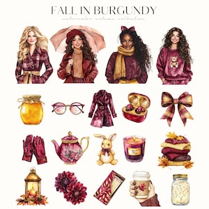 May include: A watercolour illustration titled "FALL IN BURGUNDY" featuring a collection of autumn-themed items. The image includes women, clothing, and accessories in burgundy, gold, and cream tones, such as a coat, glasses, and a candle.