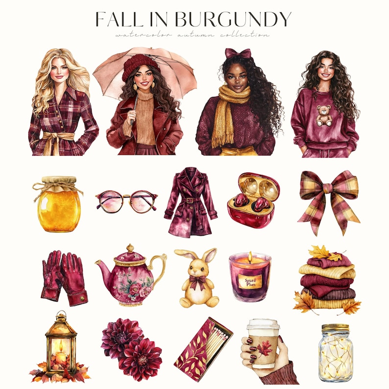 May include: A watercolour illustration titled "FALL IN BURGUNDY" featuring a collection of autumn-themed items. The image includes women, clothing, and accessories in burgundy, gold, and cream tones, such as a coat, glasses, and a candle.