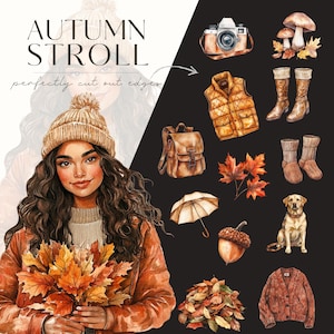 May include: Watercolor illustration with the text "AUTUMN STROLL". The image features a woman holding fall leaves, along with other fall-themed items like a camera, vest, boots, and a dog. The color palette includes warm tones of orange, brown, and beige.