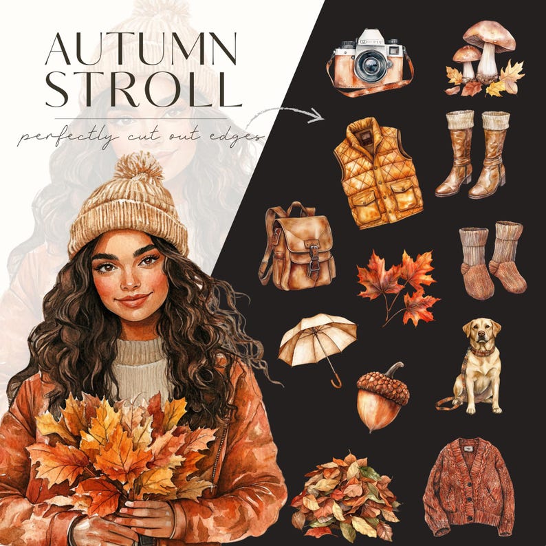 May include: Watercolor illustration with the text "AUTUMN STROLL". The image features a woman holding fall leaves, along with other fall-themed items like a camera, vest, boots, and a dog. The color palette includes warm tones of orange, brown, and beige.