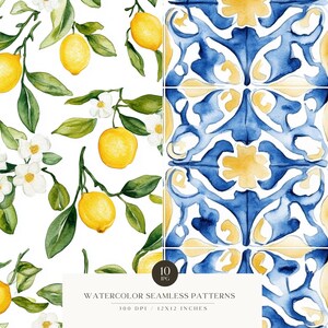 May include: Watercolor seamless patterns featuring lemon branches with yellow lemons, green leaves, and white blossoms, alongside blue and yellow tile designs. The image includes the text "WATERCOLOR SEAMLESS PATTERNS" and "12x12 INCHES".