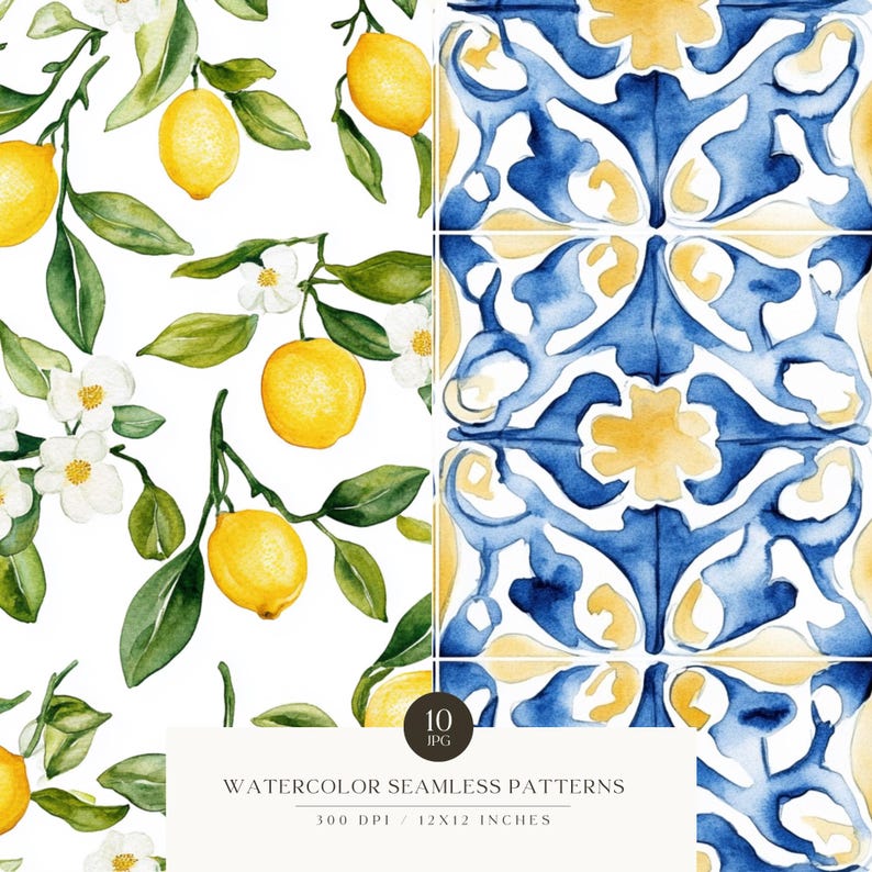 May include: Watercolor seamless patterns featuring lemon branches with yellow lemons, green leaves, and white blossoms, alongside blue and yellow tile designs. The image includes the text "WATERCOLOR SEAMLESS PATTERNS" and "12x12 INCHES".
