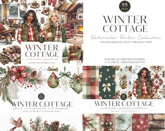 Pacote de clipart aconchegante de inverno em aquarela, ilustrações PNG de inverno Cottagecore, pacote econômico para download digital e uso comercial