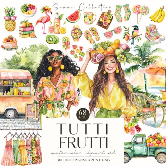 Watercolor Summer Vibe Clipart, Fruitful Clipart, Colorful Summertime, Fun Clipart, Junkjournal, Digital Stickers, Scrabook, Commercial Use