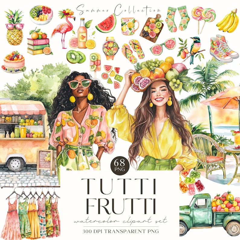 Puede incluir: Conjunto de im&aacute;genes predise&ntilde;adas de acuarela titulado "Tutti Frutti" con una colecci&oacute;n de verano de frutas, ilustraciones de moda y accesorios. La imagen incluye un puesto de frutas, un cami&oacute;n verde lleno de fruta y dos mujeres. El conjunto incluye 68 archivos PNG.