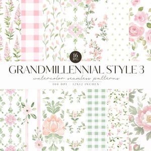Aquarell Grandmillennial nahtlose Muster, floralen adretten Hintergrund, Vintage, Streifen, Pastell Stoff wiederholendes Muster, digitaler Download