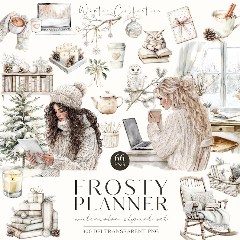 K&ouml;nnte beinhalten: Ein Set mit 66 Aquarell-Clipart-Illustrationen mit Wintermotiven. Die Illustrationen zeigen eine Frau in einem wei&szlig;en Pullover, einen schneebedeckten Baum, eine Teekanne, einen Laptop, eine Tasse Kaffee, einen Schaukelstuhl, einen Stapel B&uuml;cher, eine Kerze, ein Fenster und Eulen. Der Text "FROSTY PLANNER watercolor clipart set 300 DPI TRANSPARENT PNG" ist im Bild enthalten.