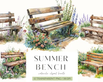 Summer Bench Clipart Bundle, Watercolor Summer Clipart, PNG Design Summer, Floral Graphics, Spring Scenery, Digital Stickers, Scrapbooking