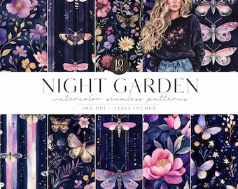 Night Garden Seamless Pattern, Floral, Moth, Mystical, Digital Pattern, Instant Download, Scrapbooking, Commercial Use, Sublimation, POD
